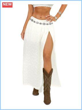 Boho Lace Maxi Skirt High Slit Elastic Waist Beach Festival Western